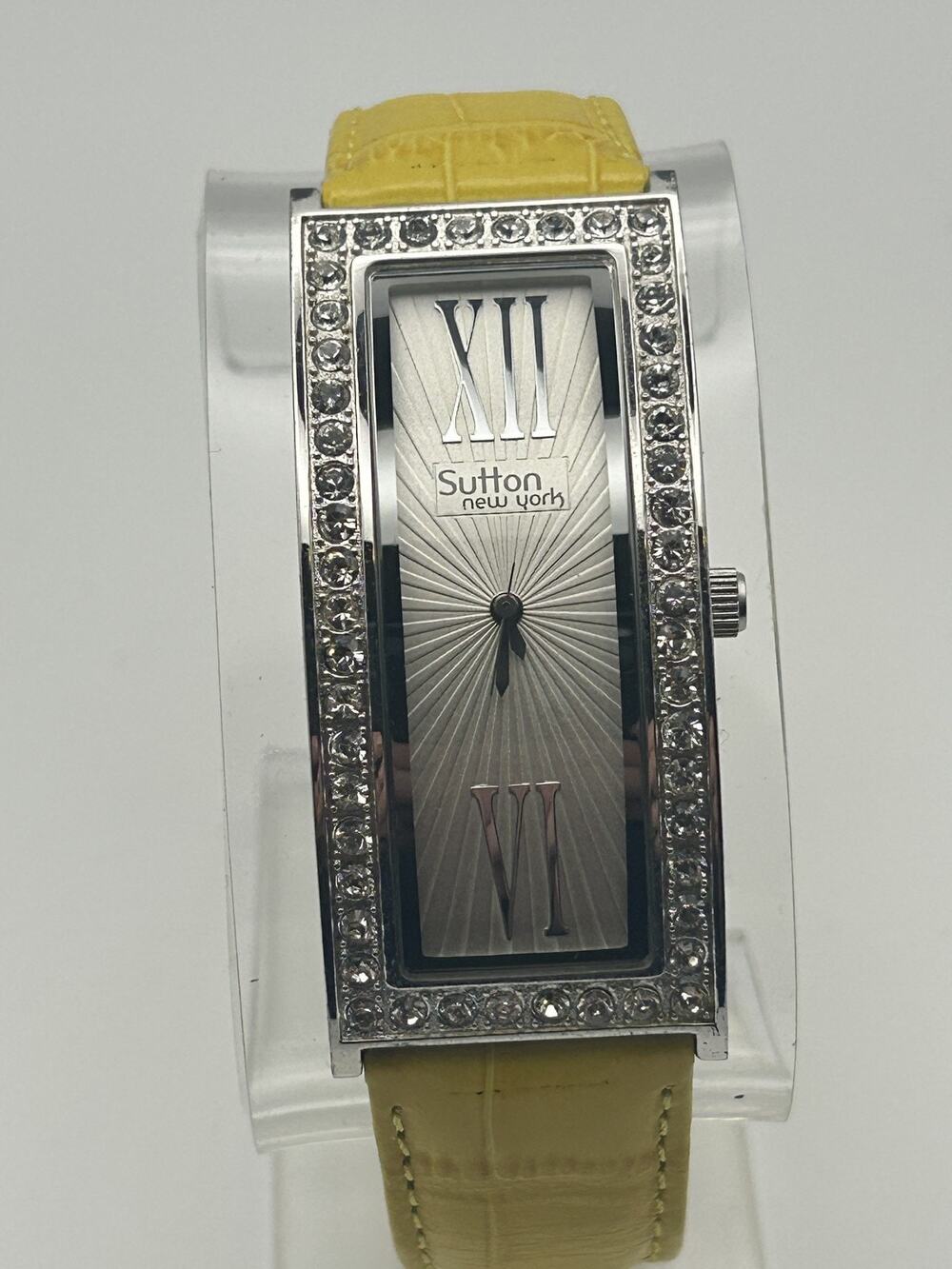 Sutton New York Oversized Tank Watch Rhinestone Bezel Yellow Leather Strap Women